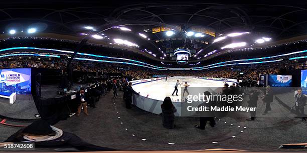 Couples warm up before the Pairs Free Skate on Day 6 of the ISU World Figure Skating Championships 2016 at TD Garden on April 2, 2016 in Boston,...