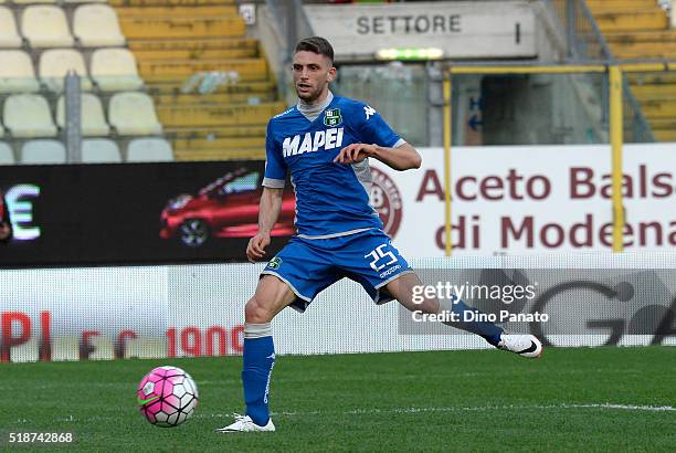 Domenico Berardi of US Sassuolo in action during the Serie A match between Carpi FC and US Sassuolo Calcio at Alberto Braglia Stadium on April 2,...