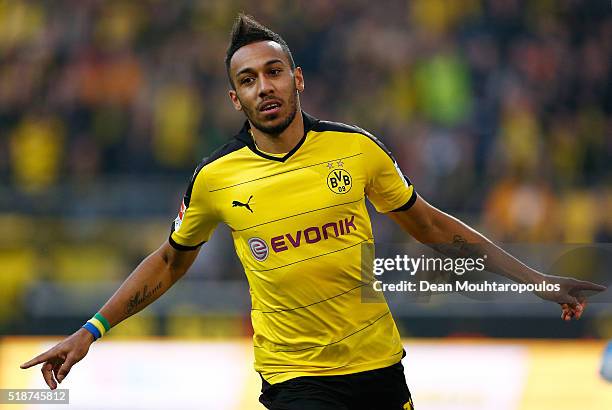 Pierre-Emerick Aubameyang of Borussia Dortmund celebrates scoring his team's first goal during the Bundesliga match between Borussia Dortmund and...