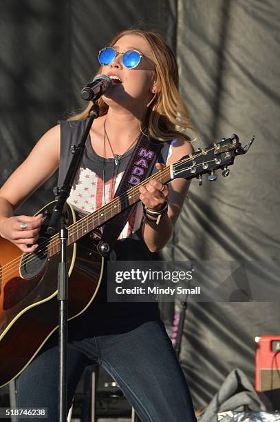 Maddie Marlow of Maddie & Tae performs during the ACM Party for a Cause Festival at the Las Vegas Festival Grounds on April 1, 2016 in Las Vegas,...