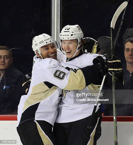 Oskar Sundqvist of the Pittsburgh Penguins celebrates his first NHL goal scored shorthanded at 12:41 of the first period against the New York...