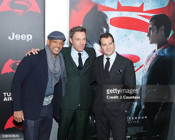 Actors Will Smith, Ben Affleck and Henry Cavill attend the "Batman V Superman: Dawn Of Justice" New York Premiere at Radio City Music Hall on March...