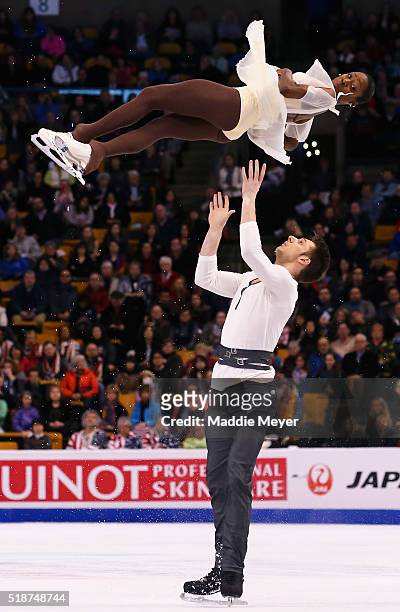 Vanessa James and Morgan Cipres of France skate in the Pairs Free Skate on Day 6 of the ISU World Figure Skating Championships 2016 at TD Garden on...