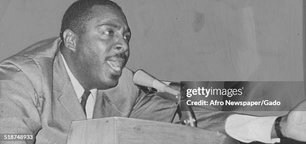 Writer and social activist Dick Gregory delivering a speech, February 19, 1966.