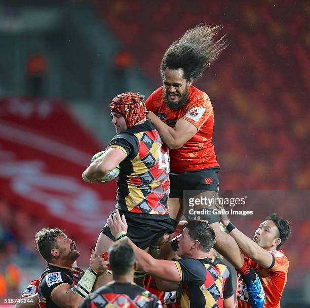Steven Sykes of Southern Kings and Liaki Moli of Sunwolves during the 2016 Super Rugby match between Southern Kings and Sunwolves at Nelson Mandela...