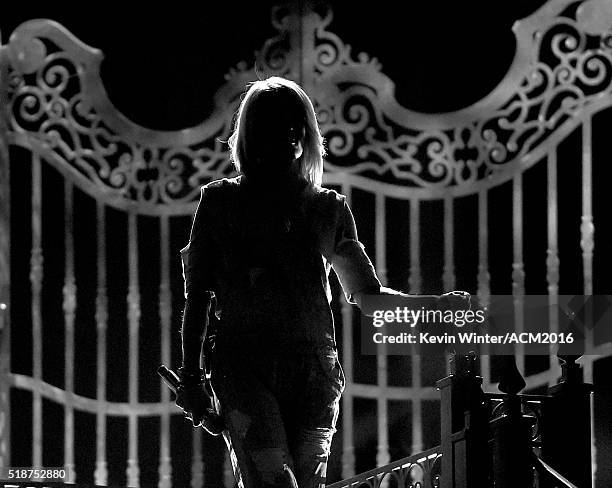 Singer Carrie Underwood rehearses onstage during the 51st Academy of Country Music Awards at MGM Grand Garden Arena on April 2, 2016 in Las Vegas,...