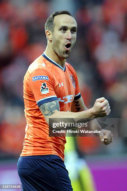 Dragan Mrdja of Omiya Ardija celebrates scoring his team's first goal during the J.League match between Omiya Ardija and Jubilo Iwata at the Nack 5...