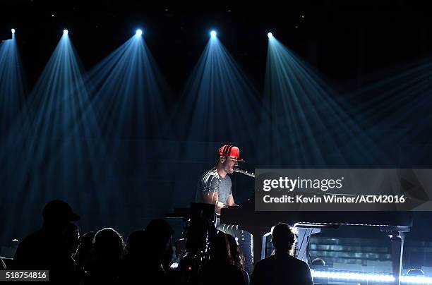 Musician Sam Hunt rehearses onstage during the 51st Academy of Country Music Awards at MGM Grand Garden Arena on April 2, 2016 in Las Vegas, Nevada.