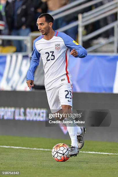 Edgar Castillo of the United States Men's National Team controls the ball against Guatemala during the FIFA 2018 World Cup qualifier on March 29,...