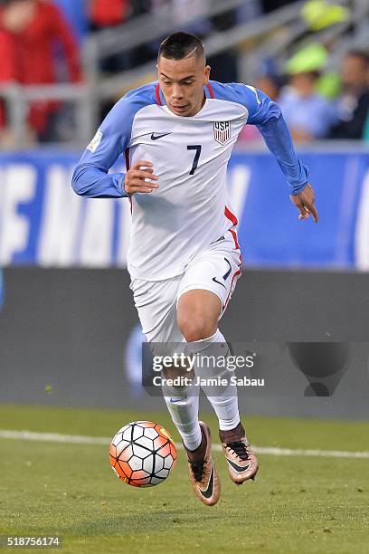 Bobby Wood of the United States Men's National Team controls the ball against Guatemala during the FIFA 2018 World Cup qualifier on March 29, 2016 at...