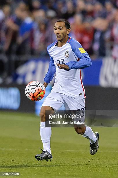 Edgar Castillo of the United States Men's National Team controls the ball against Guatemala during the FIFA 2018 World Cup qualifier on March 29,...