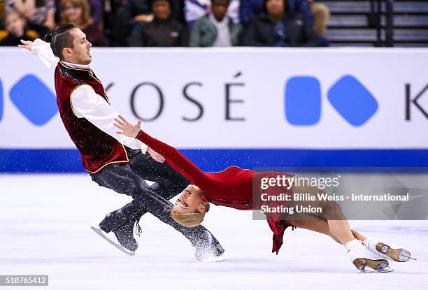 Tatiana Volosozhar and Maxim Trankov of Russia compete during Day 6 of the ISU World Figure Skating Championships 2016 at TD Garden on April 2, 2016...