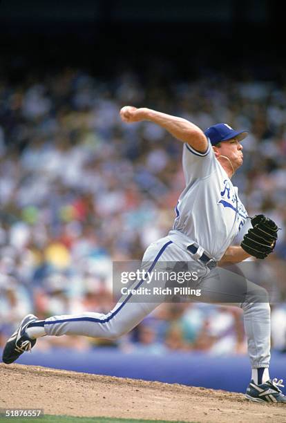 Pitcher Kevin Appier of the Kansas City Royals delivers a pitch during a game against the Milwaukee Brewers at Kauffman Stadium on June 5, 1994 in...