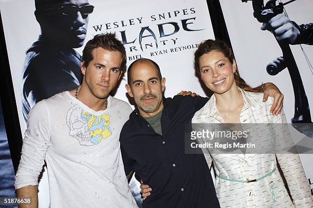 American actor Ryan Reynolds writer/director David S. Goyer and actress Jessica Biel make an instore appearance to promote the movie "Blade Trinity"...