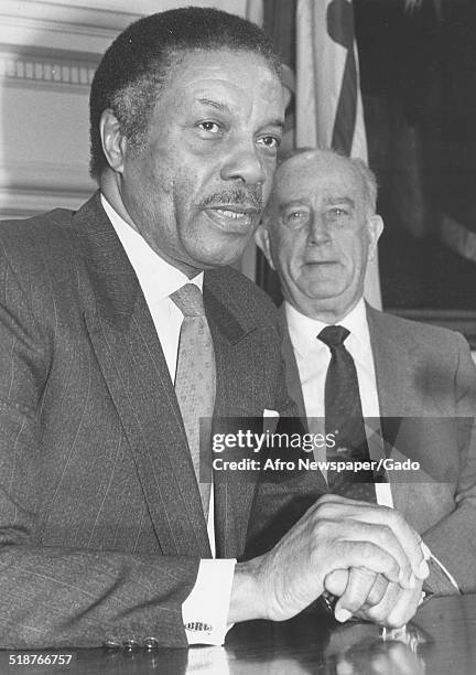 Former Baltimore City mayor William Donald Schaefer and first African-American police commissioner of Baltimore, Maryland Bishop Robinson, 1975.