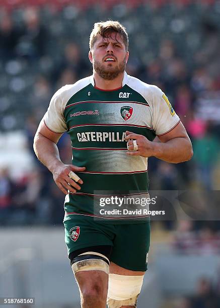Ed Slater of Leicester looks on during the Aviva Premiership match between Leicester Tigers and Gloucester at Welford Road on April 2, 2016 in...