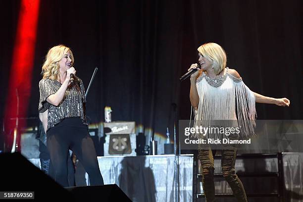Singers Kellie Pickler and Carrie Underwood perform onstage at the 4th ACM Party for a Cause Festival at the Las Vegas Festival Grounds on April 1,...