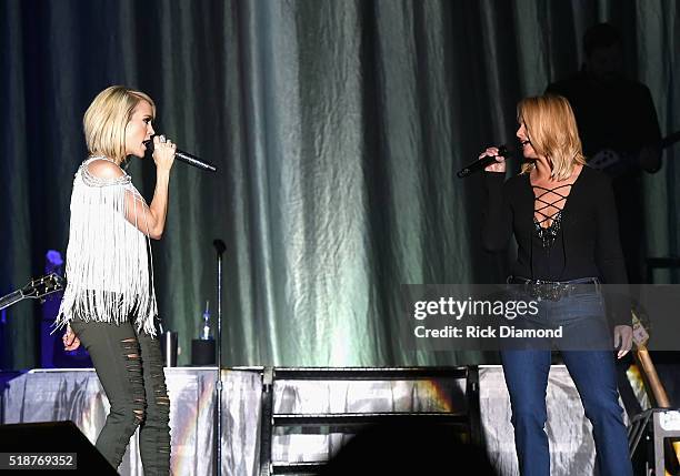 Singers Carrie Underwood and Miranda Lambert perform onstage at the 4th ACM Party for a Cause Festival at the Las Vegas Festival Grounds on April 1,...