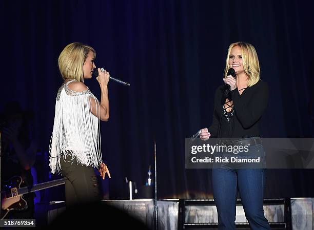 Singers Carrie Underwood and Miranda Lambert perform onstage at the 4th ACM Party for a Cause Festival at the Las Vegas Festival Grounds on April 1,...