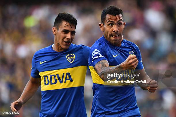 Carlos Tevez of Boca Juniors celebrates after scoring the first goal of his team during a match between Boca Juniors and Atletico Rafaela as part of...