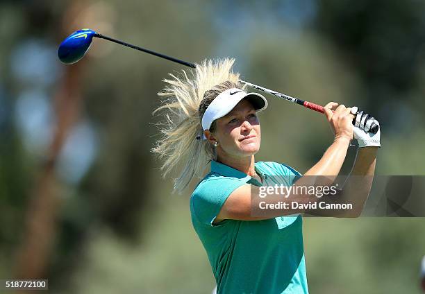 Suzann Pettersen of Norway plays her tee shot at the par 4, third hole during the third round of the 2016 ANA Inspiration at the Mission Hills...