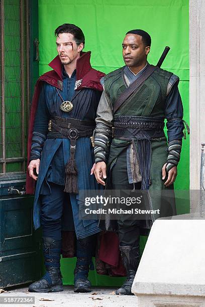 Actors Benedict Cumberbatch and Chiwetel Ejiofor are seen filming "Doctor Strange" on location on April 2, 2016 in New York City.
