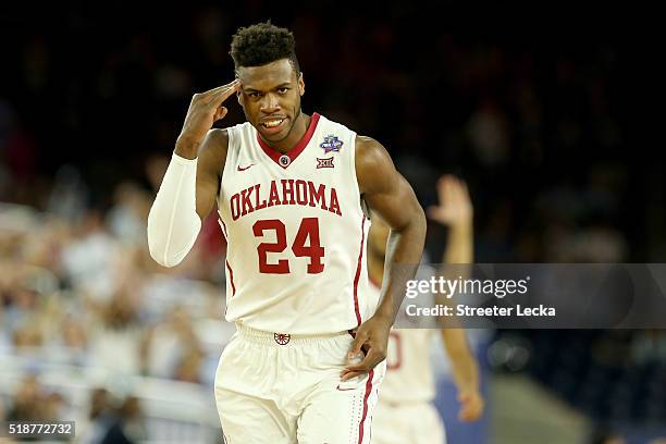 Buddy Hield of the Oklahoma Sooners reacts in the first half against the Villanova Wildcats during the NCAA Men's Final Four Semifinal at NRG Stadium...