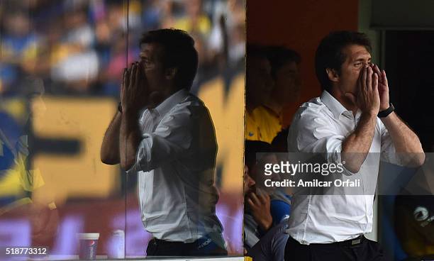 Guillermo Barros Schelotto head coach of Boca Juniors shouts instructions to his players during a match between Boca Juniors and Atletico Rafaela as...