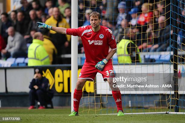 Jussi Jaaskelainen of Wigan Athletic during the Sky Bet League One fixture at the Greenhous Meadow on April 2, 2016 in Shrewsbury, England.