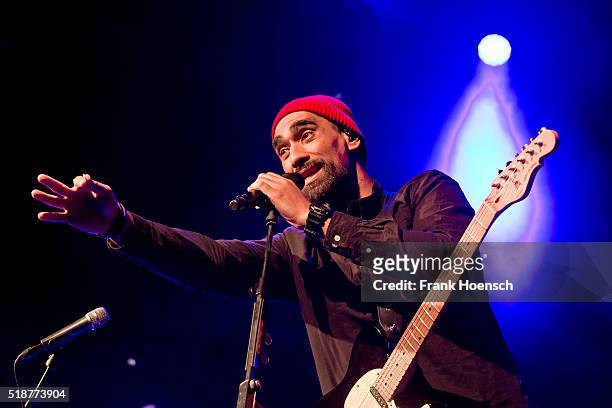 Singer Dallas Tamaira aka Joe Dukie of Fat Freddys Drop performs live during a concert at the Columbiahalle on April 2, 2016 in Berlin, Germany.