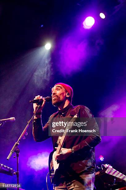 Singer Dallas Tamaira aka Joe Dukie of Fat Freddys Drop performs live during a concert at the Columbiahalle on April 2, 2016 in Berlin, Germany.