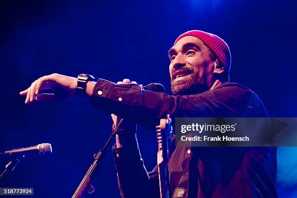 Singer Dallas Tamaira aka Joe Dukie of Fat Freddys Drop performs live during a concert at the Columbiahalle on April 2, 2016 in Berlin, Germany.