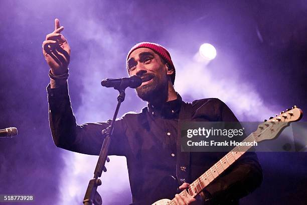 Singer Dallas Tamaira aka Joe Dukie of Fat Freddys Drop performs live during a concert at the Columbiahalle on April 2, 2016 in Berlin, Germany.