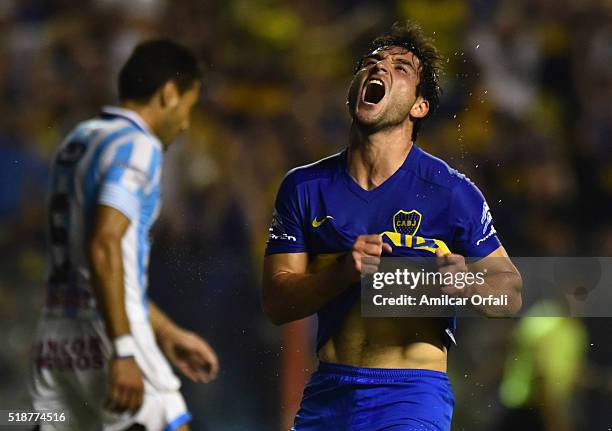 Nicolas Lodeiro of Boca Juniors celebrates after scoring the third goal his team during a match between Boca Juniors and Atletico Rafaela as part of...