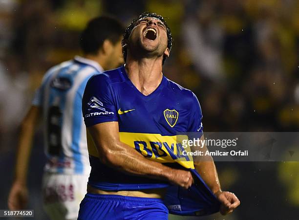 Nicolas Lodeiro of Boca Juniors celebrates after scoring the third goal his team during a match between Boca Juniors and Atletico Rafaela as part of...
