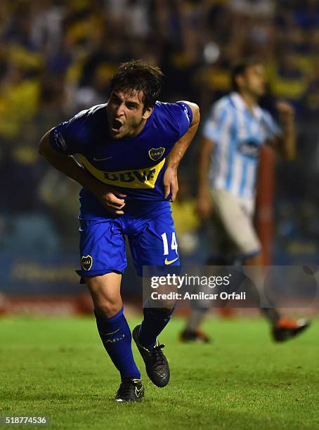 Nicolas Lodeiro of Boca Juniors celebrates after scoring the third goal his team during a match between Boca Juniors and Atletico Rafaela as part of...