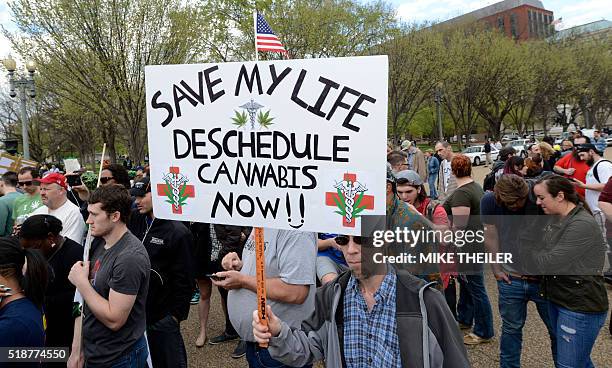 Charles Schatz of Bel Air, Maryland holds a sign demanding the use of marijuana for medical cases as he joins dozens of protestors for the...