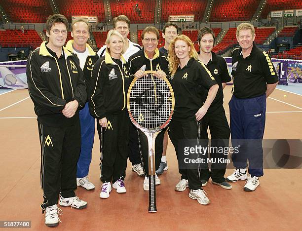 Mike Read, Lohn Lloyd, Ingrid Tarrant, Andrew Castle, Cliff RIchard, Charlie Dimmock, Jeremy Bates, Alistair Griffin and Mark Cox MBE pose at a...