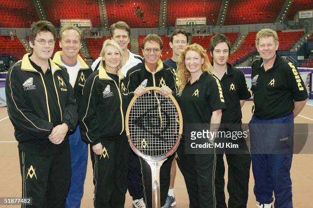 Mike Read, Lohn Lloyd, Ingrid Tarrant, Andrew Castle, Cliff Richard, Charlie Dimmock, Jeremy Bates, Alistair Griffin and Mark Cox MBE pose at a...