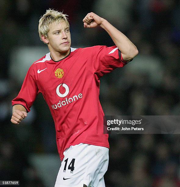 Alan Smith of Manchester United celebrates scoring the third goal during the Barclays Premiership match between Manchester United and Crystal Palace...