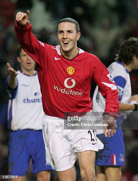 John O'Shea of Manchester United celebrates scoring their fifth goal during the Barclays Premiership match between Manchester United and Crystal...