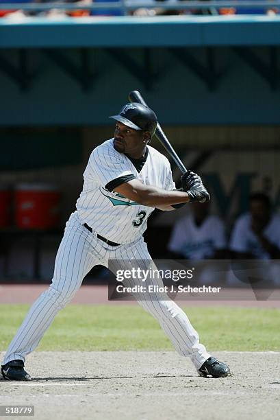 Left fielder Tim Raines of the Florida Marlins waits for the pitch during the MLB game against the Arizona Diamondbacks at Pro Player Stadium in...