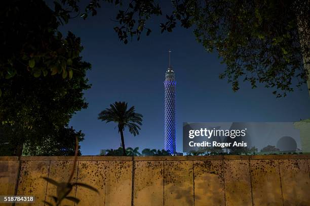 Cairo Tower seen during World Autism Awareness Day 2016 on April 2, 2016 in Cairo, Egypt. Major landmarks around the world are Lighting It Up Blue on...