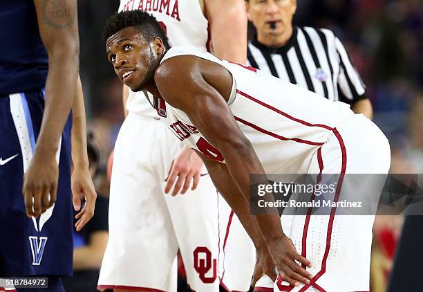 Buddy Hield of the Oklahoma Sooners reacts in the second half against the Villanova Wildcats during the NCAA Men's Final Four Semifinal at NRG...