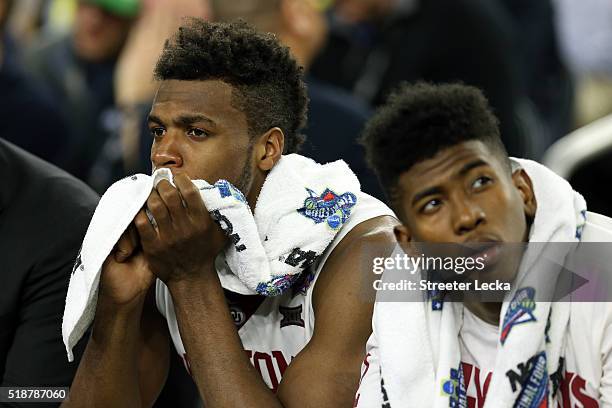 Buddy Hield of the Oklahoma Sooners reacts in the second half against the Villanova Wildcats during the NCAA Men's Final Four Semifinal at NRG...