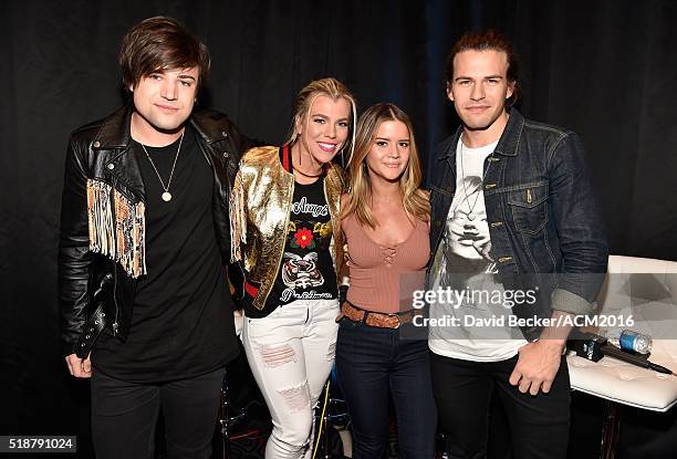 Musician Maren Morris poses with Musicians Neil Perry, Kimberly Perry, and Reid Perry of The Band Perry at Westwood One Presents #WWOBackstage @ 51st...