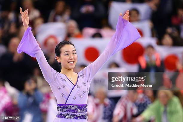 Mao Asada of Japan celebrates after completing her routine in the Ladies Free Skate on Day 6 of the ISU World Figure Skating Championships 2016 at TD...