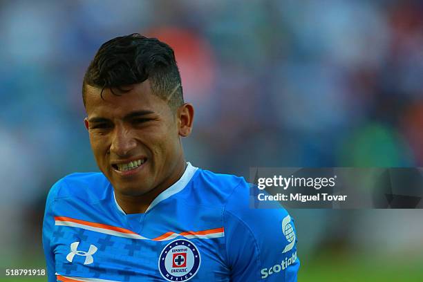 Joao Rojas of Cruz Azul reacts during the 12th round match between Cruz Azul and Pachuca as part of the Clausura 2016 Liga MX at Azul Stadium on...