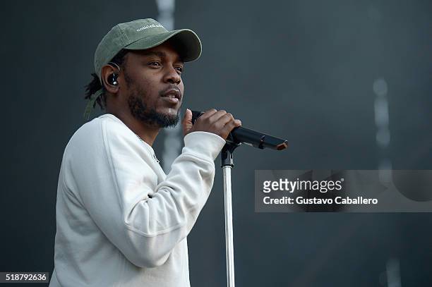 Recording artist Kendrick Lamar performs on stage during the Coca-Cola Music Mix at the NCAA March Madness Music Festival Day 2 at Discovery Green on...