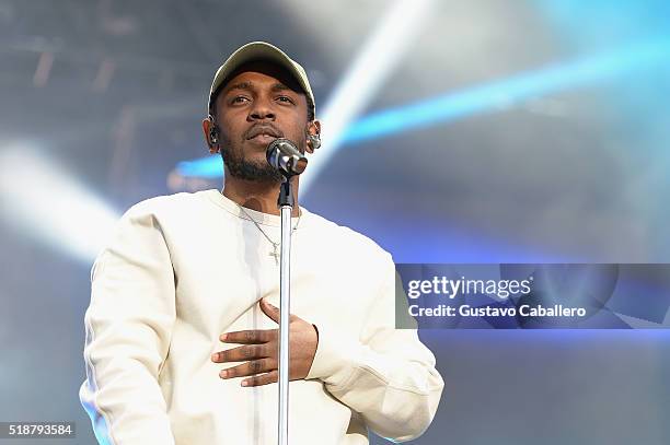 Recording artist Kendrick Lamar performs on stage during the Coca-Cola Music Mix at the NCAA March Madness Music Festival Day 2 at Discovery Green on...